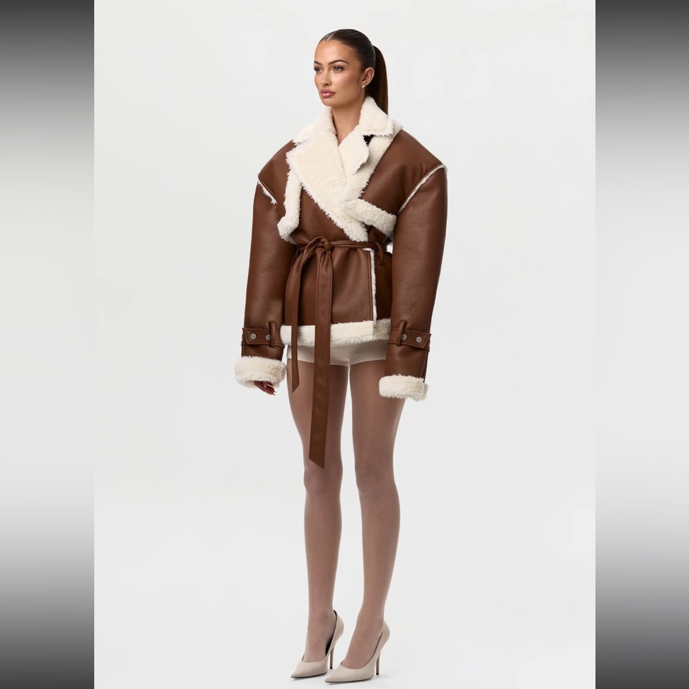 naked wardrobe Brown Faux Leather Teddy Jacket with Cream Shearling Trim